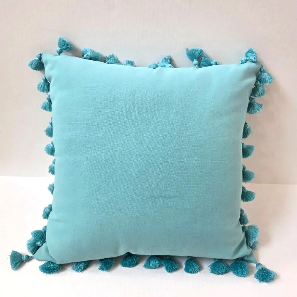 Pottery Barn Pillow Turquoise Blue Tassel Trim Indoor Outdoor Beach 17